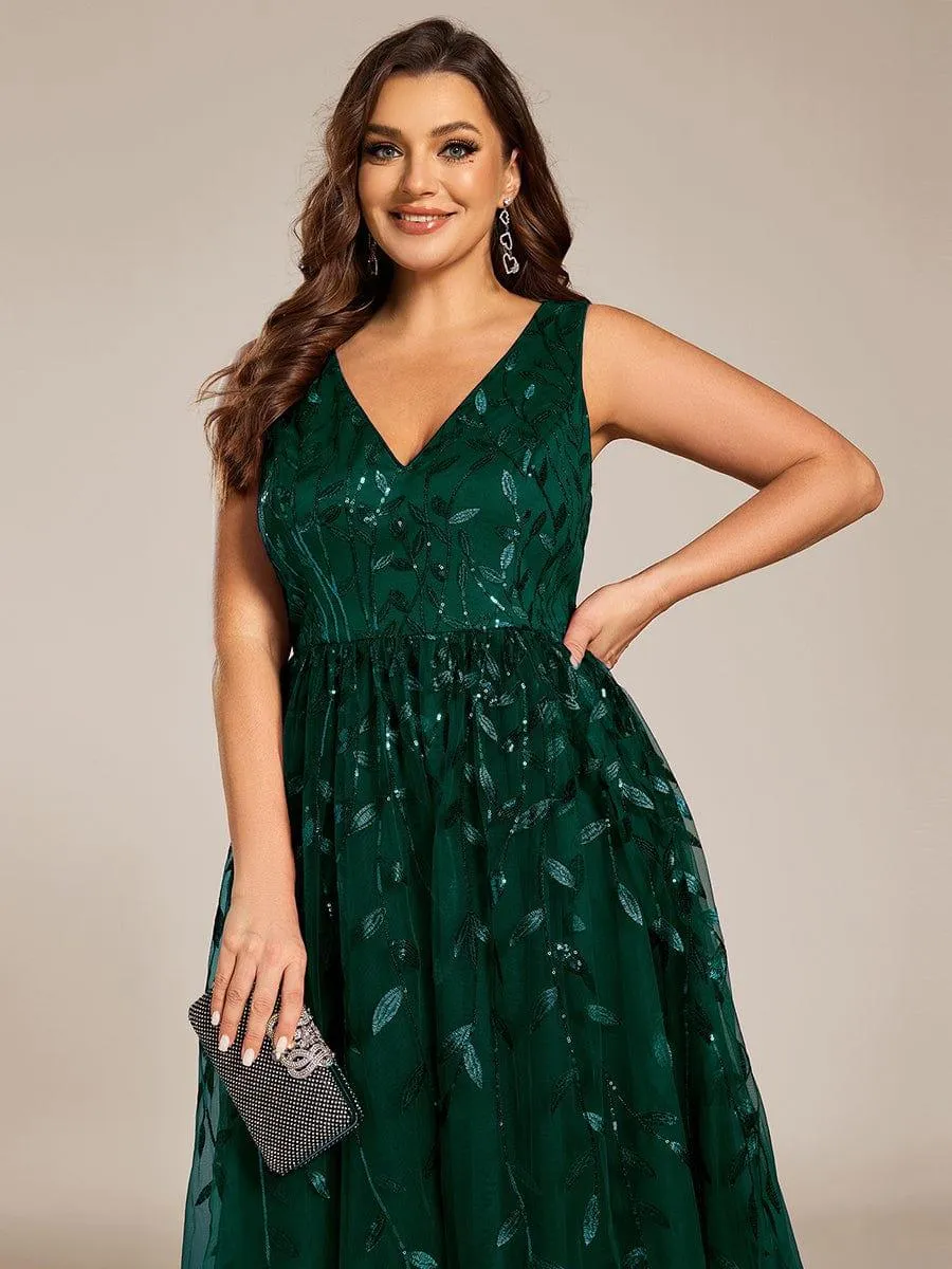 Robe d'invité de mariage mi-longue trapèze à col en V et paillettes avec sans manches