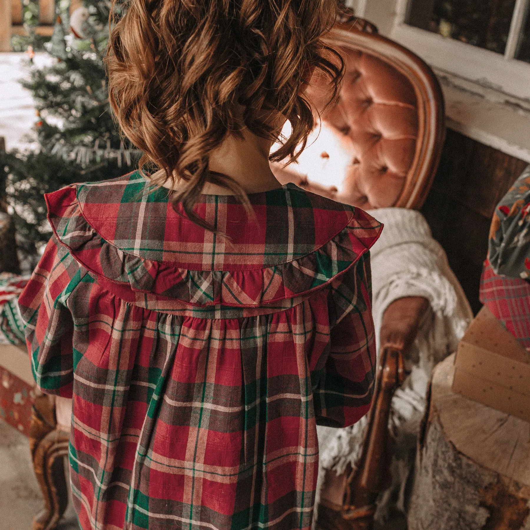 Robe rouge et verte à carreaux en coton, enfant || Red and green checkered dress in cotton, child