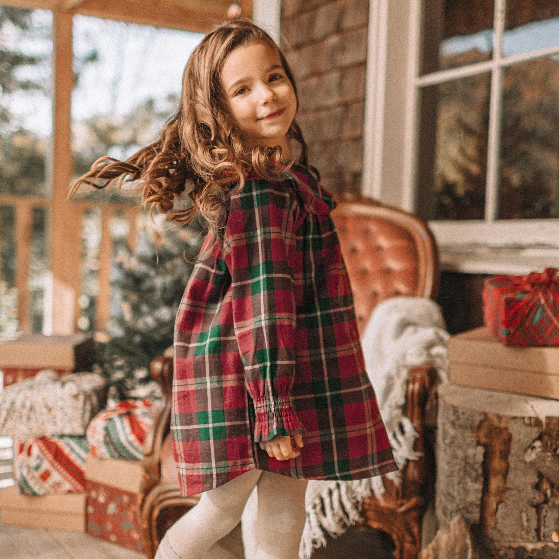 Robe rouge et verte à carreaux en coton, enfant || Red and green checkered dress in cotton, child
