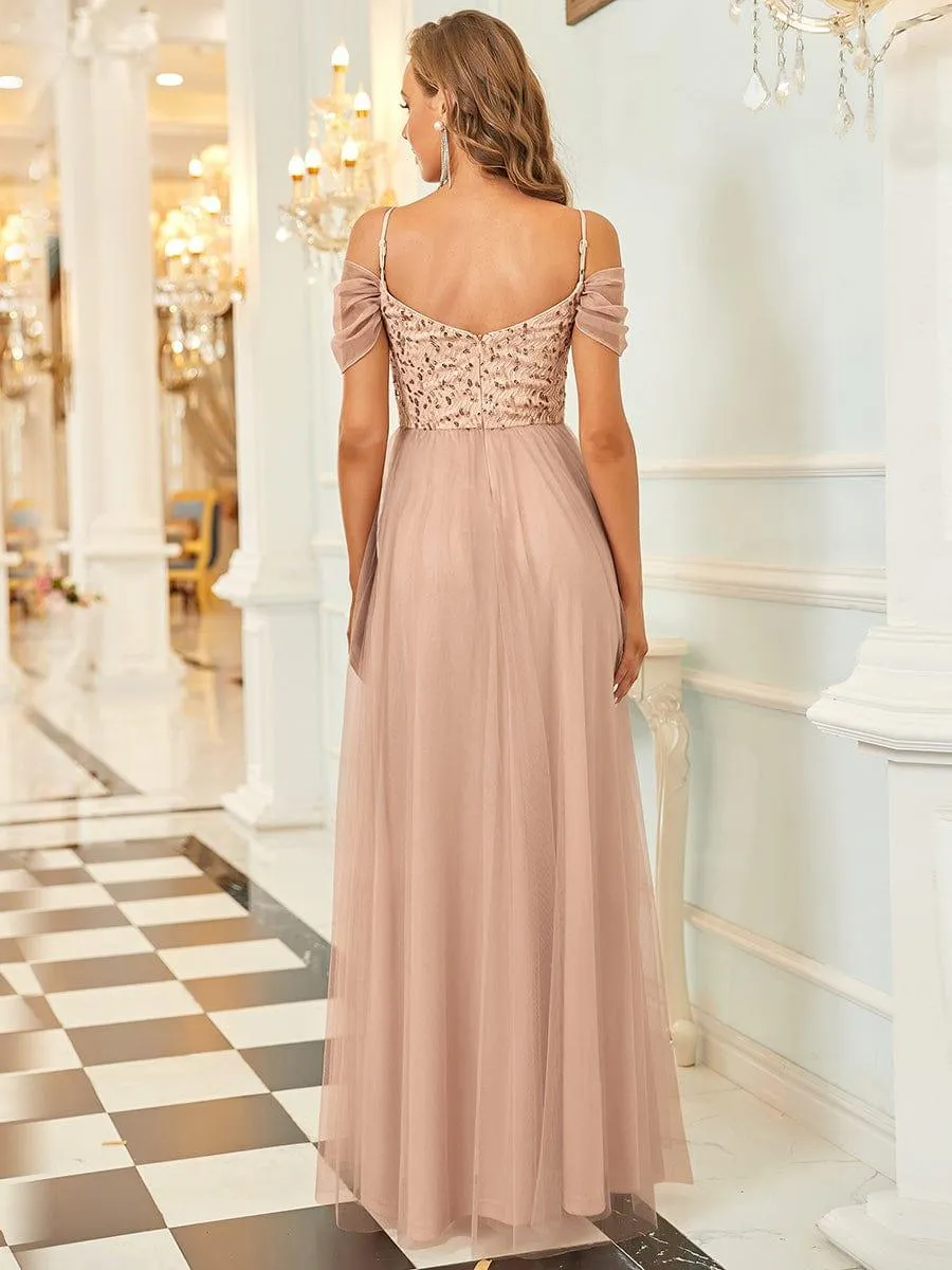 Robes de soirée en tulle avec corsage à épaules dénudées longue au sol(Vente finale)