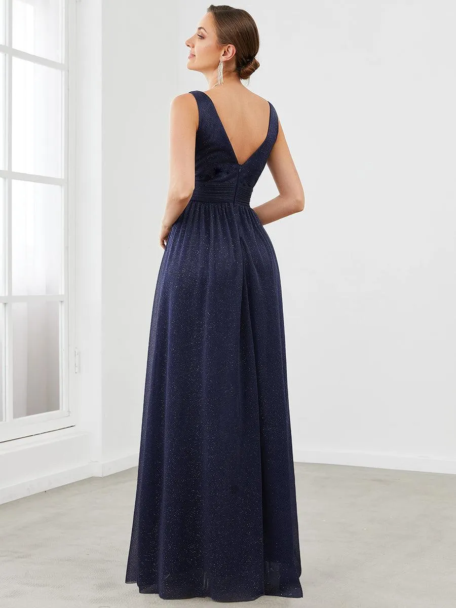 Robes de soirée scintillantes de longueur de plancher de double col en V pour la fête