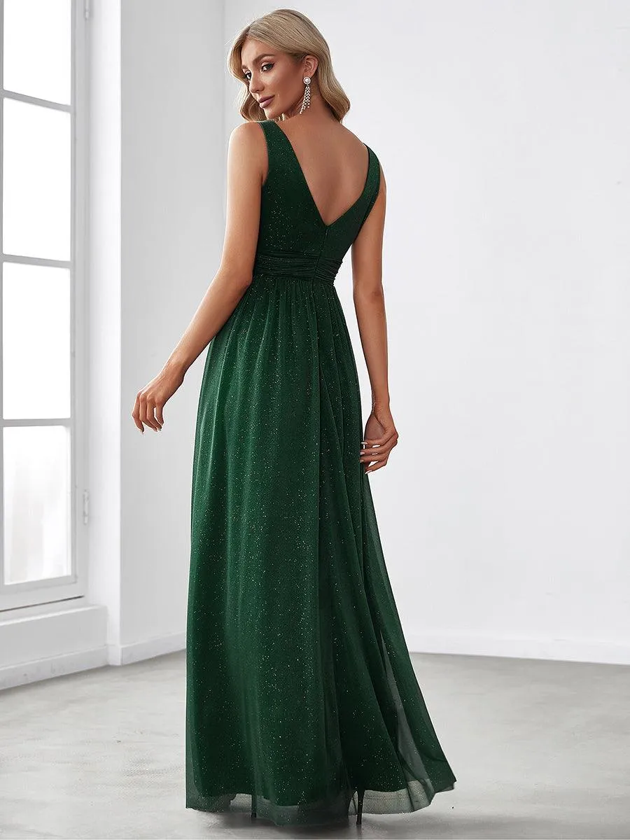 Robes de soirée scintillantes de longueur de plancher de double col en V pour la fête