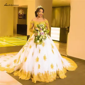 Roycebridal Muslim White and Gold Plus Size Wedding Dresses With Sleeves