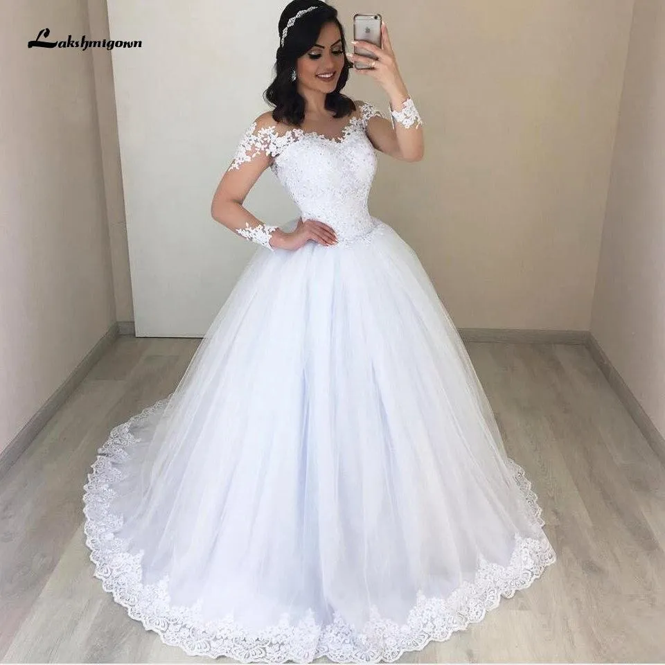 Roycebridal Vintage White Ball Gown Wedding Dress Long Sleeves
