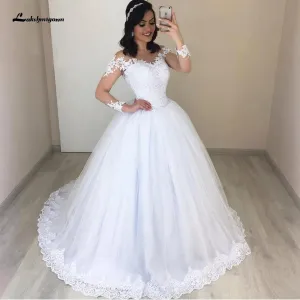 Roycebridal Vintage White Ball Gown Wedding Dress Long Sleeves