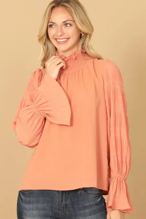RUFFLE TURTLE NECK LONG BELL SLEEVE SOLID TOP