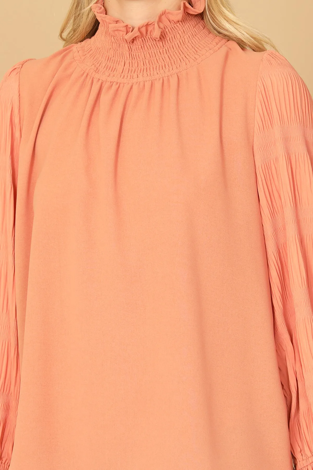 RUFFLE TURTLE NECK LONG BELL SLEEVE SOLID TOP