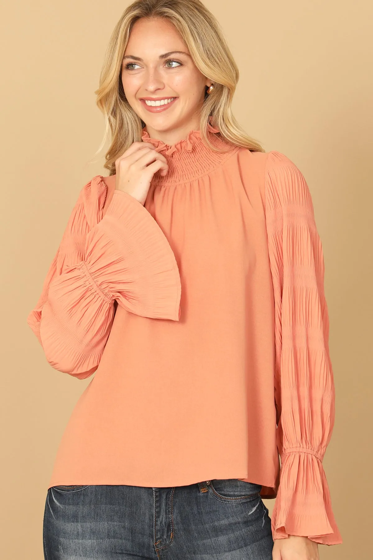 RUFFLE TURTLE NECK LONG BELL SLEEVE SOLID TOP