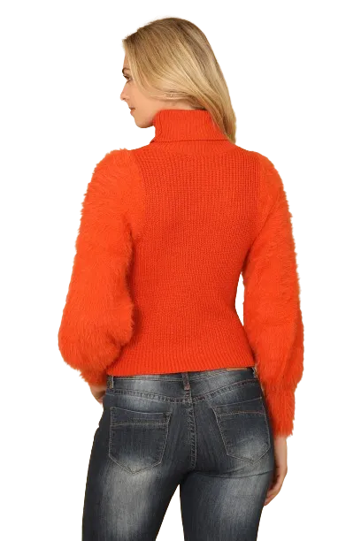 Rust Fur Sleeves Ribbed Turtle Neck Sweater - Pack of 6