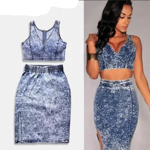 Sexy Denim Crops Tops And Skirt 2 Piece Set Deep V Neck High Waist Elastic Snowflakes Package Hip Corset Hollow-Out Set