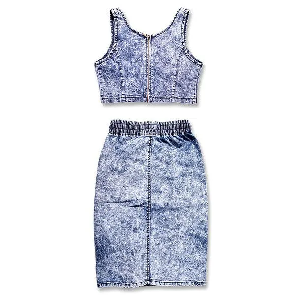 Sexy Denim Crops Tops And Skirt 2 Piece Set Deep V Neck High Waist Elastic Snowflakes Package Hip Corset Hollow-Out Set