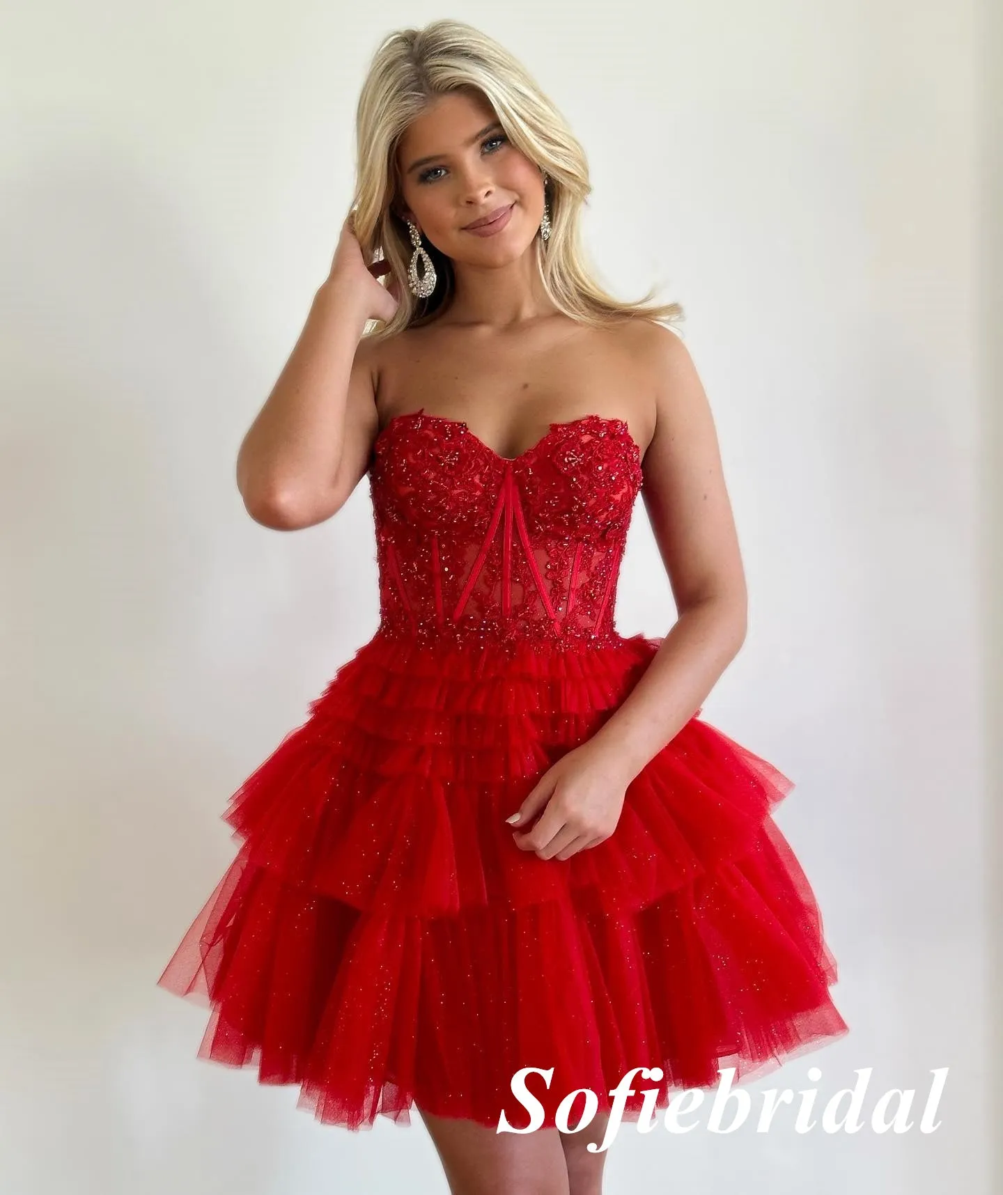 Sexy Red Tulle Sweetheart V-Neck A-Line Mini Dresses/ Homecoming Dresses With Beading, HD0258