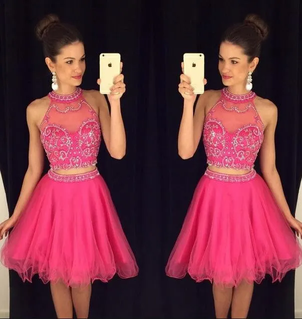 Sexy Two Pieces Beaded Hot Pink Halter Homecoming Prom Dresses, CM0016
