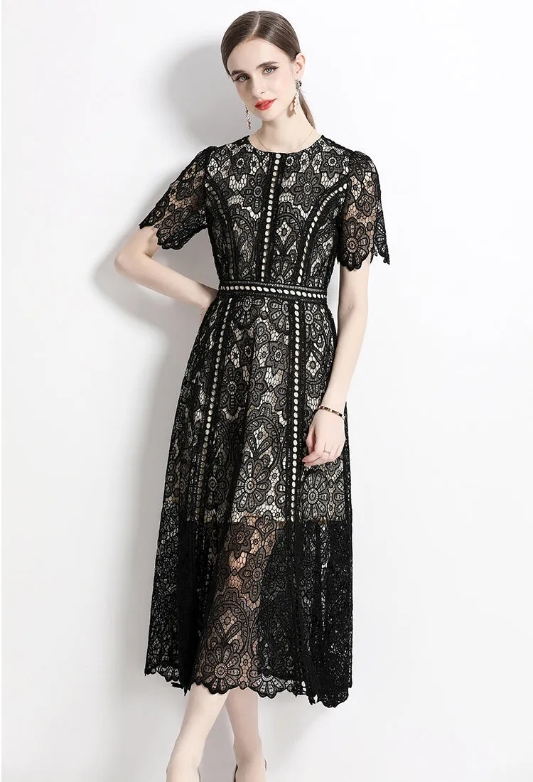 Short Sleeve O Neck A-Line Long Black Dress