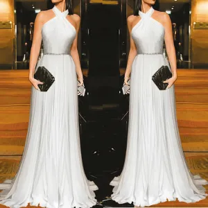 silver prom dresses long chiffon halter beaded pleated a line prom gown vestido de festa de longo