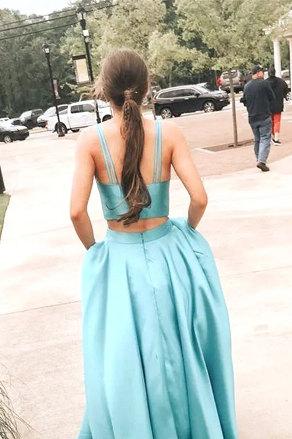 Simple Ball Gown V-neck Two Piece Lake Blue Satin Prom Dresses with Pockets,MP541