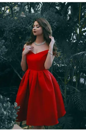Simple Red Satin Homecoming Gown with Off-the-shoulder