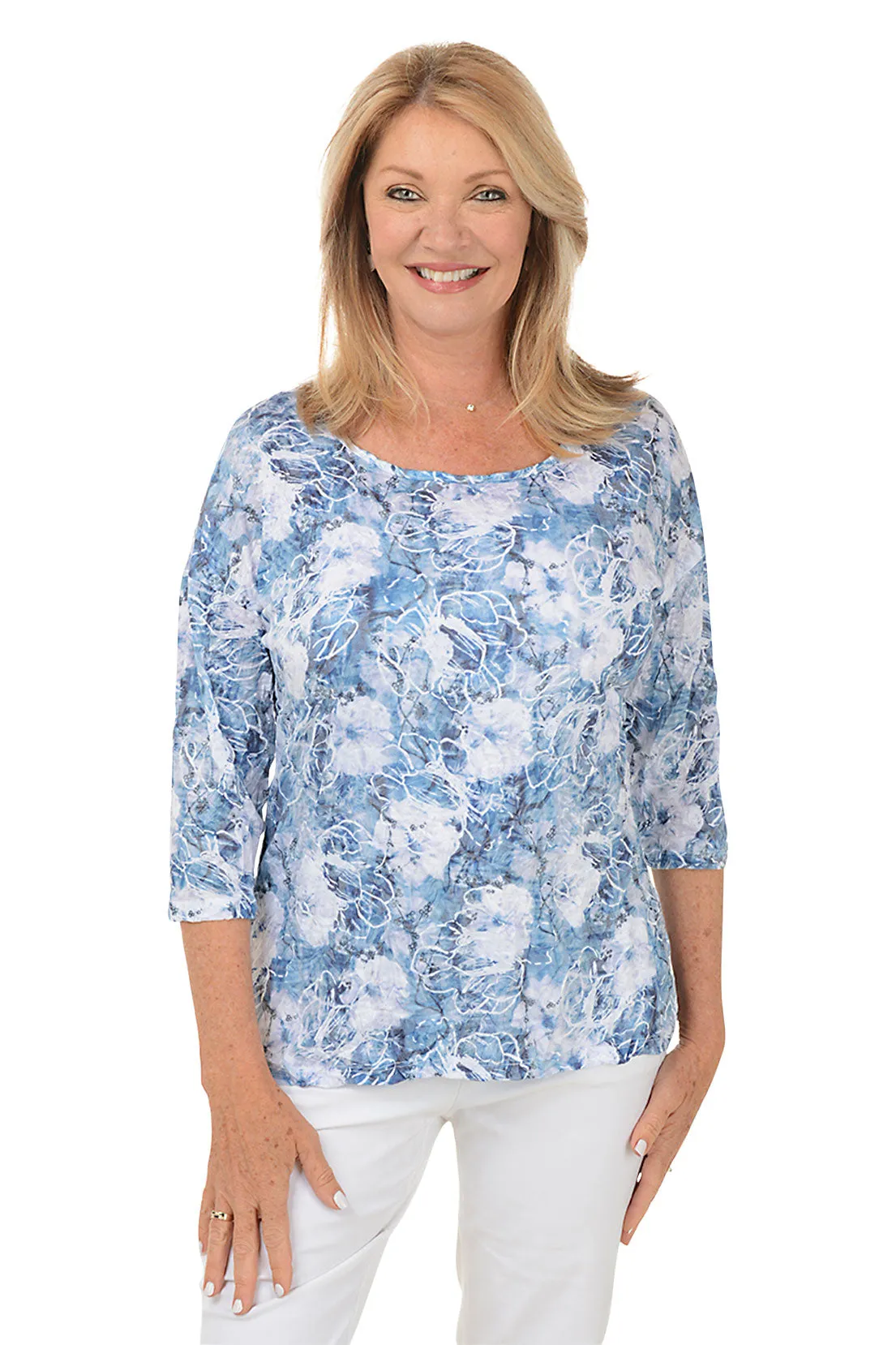 Snowy Floral Button-Back Crinkle Top