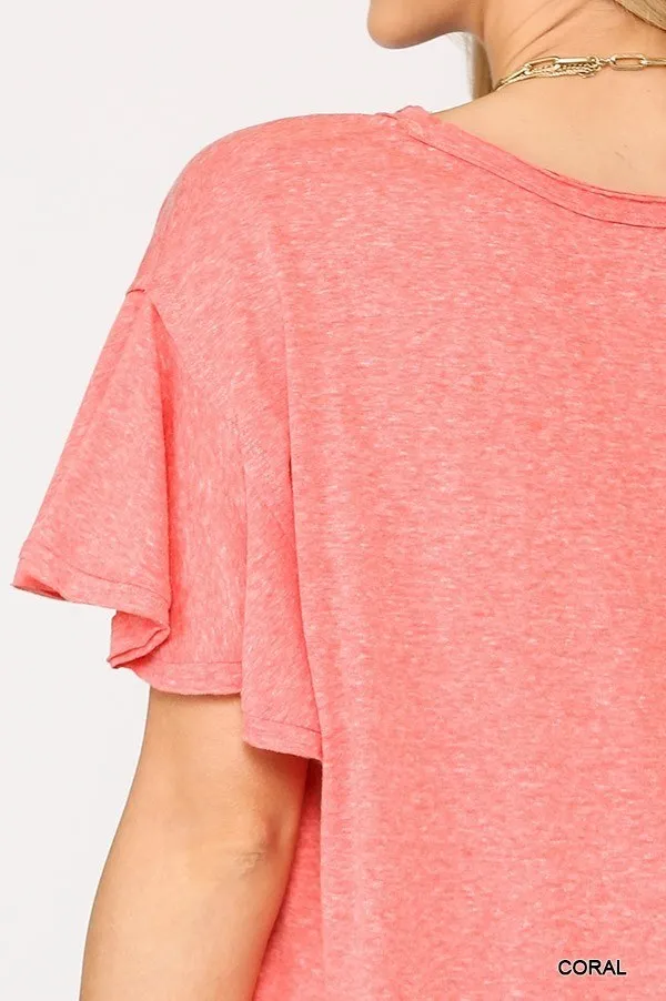 Solid Round Neck Frill Sleeve Top With Scoop Hem