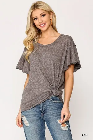 Solid Round Neck Frill Sleeve Top With Scoop Hem