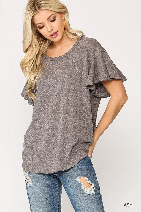 Solid Round Neck Frill Sleeve Top With Scoop Hem