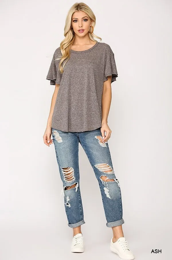 Solid Round Neck Frill Sleeve Top With Scoop Hem