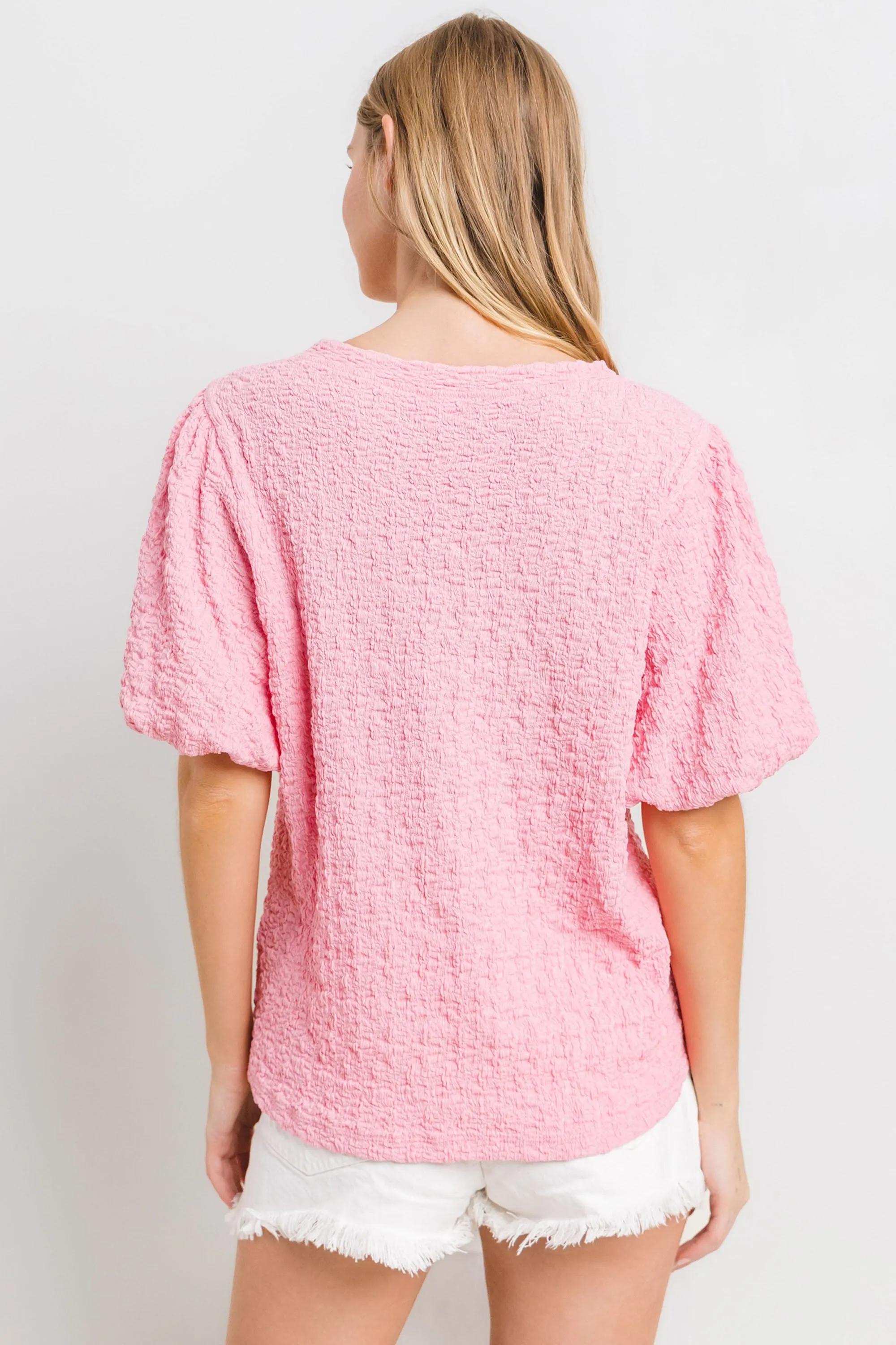 Solid Textured Puff Sleeve Blouse Top