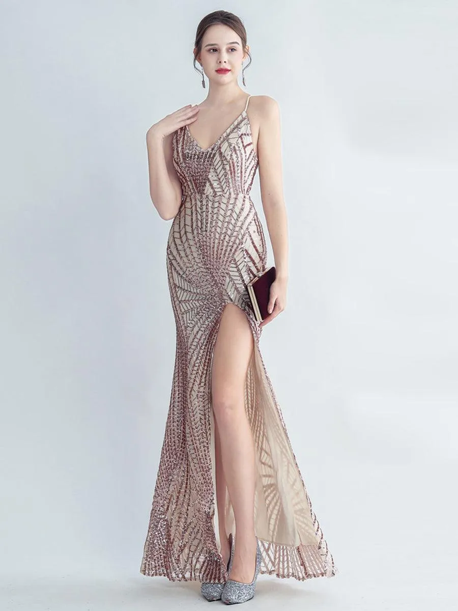 Spaghetti Cross Back Sequin Split Cocktail Dress MYC2007
