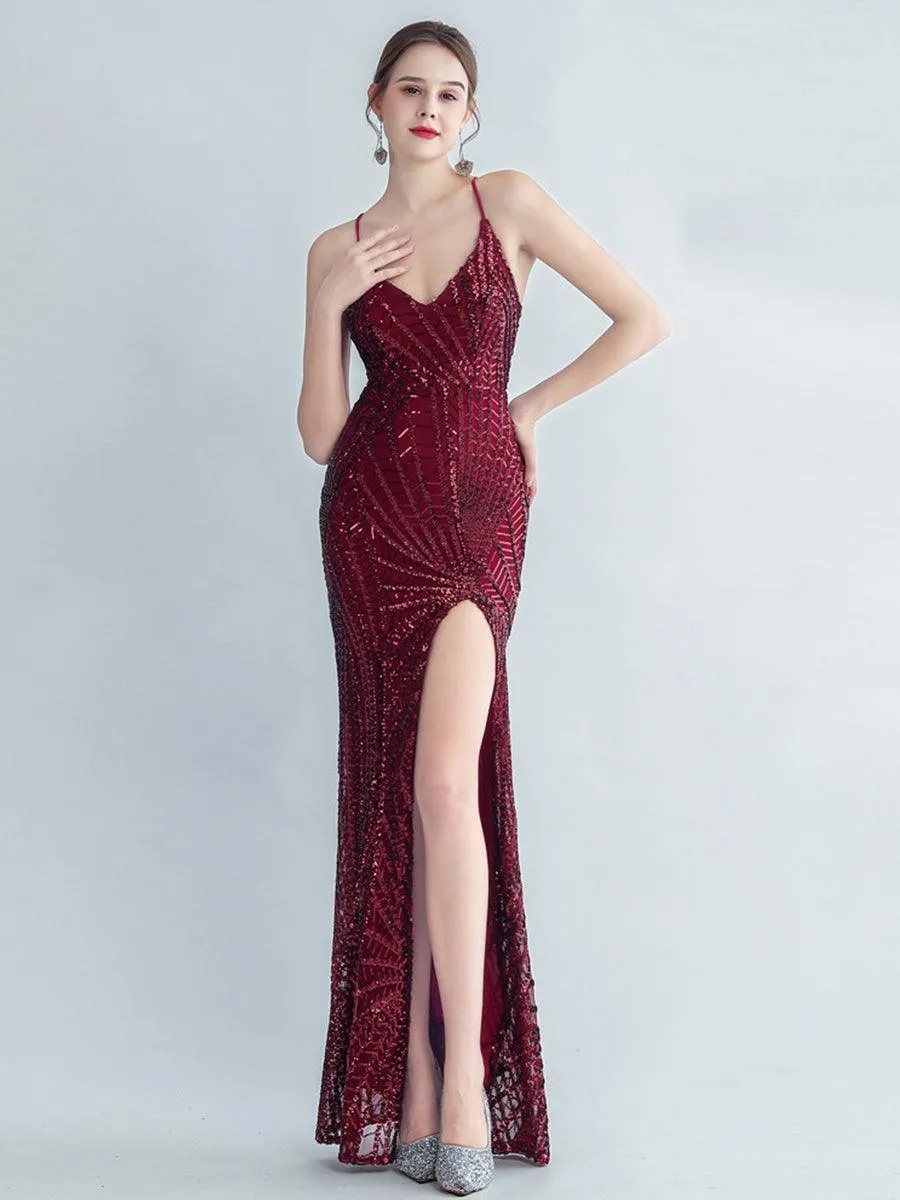 Spaghetti Cross Back Sequin Split Cocktail Dress MYC2007