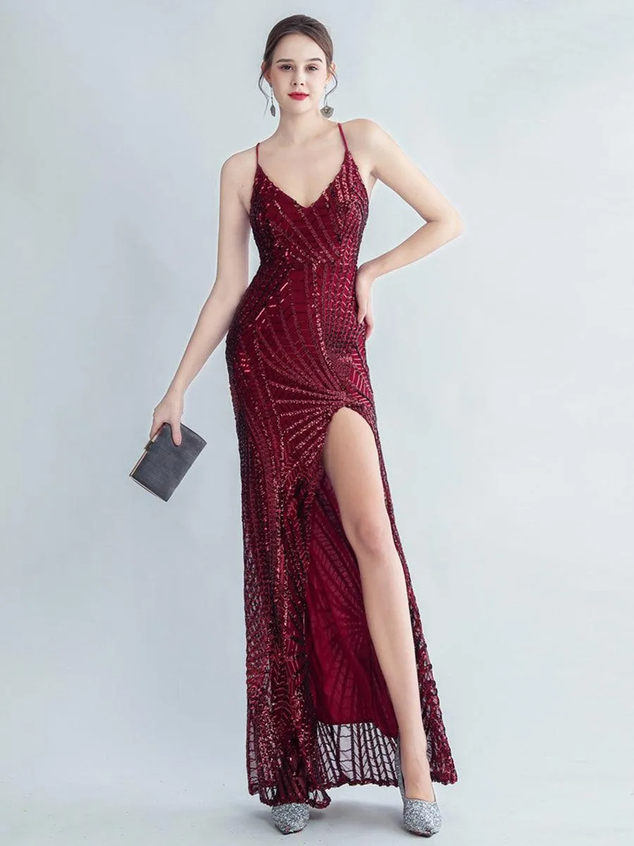 Spaghetti Cross Back Sequin Split Cocktail Dress MYC2007