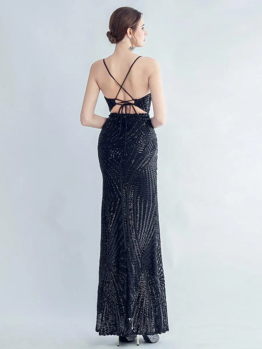 Spaghetti Cross Back Sequin Split Cocktail Dress MYC2007