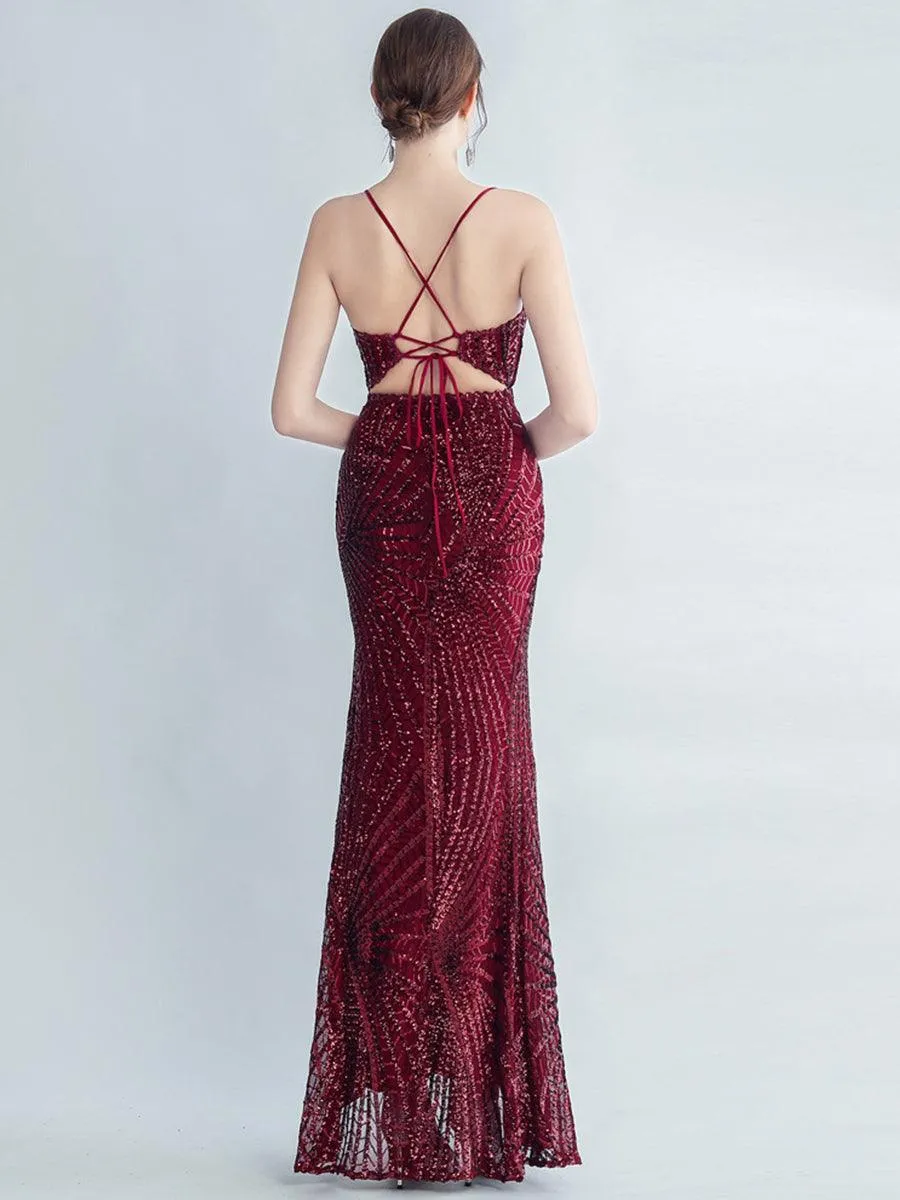 Spaghetti Cross Back Sequin Split Cocktail Dress MYC2007