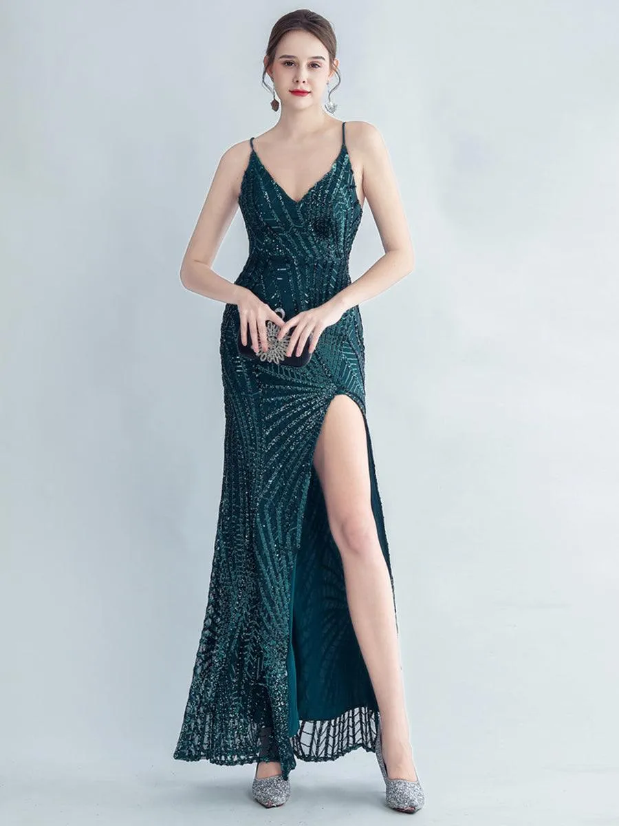 Spaghetti Cross Back Sequin Split Cocktail Dress MYC2007