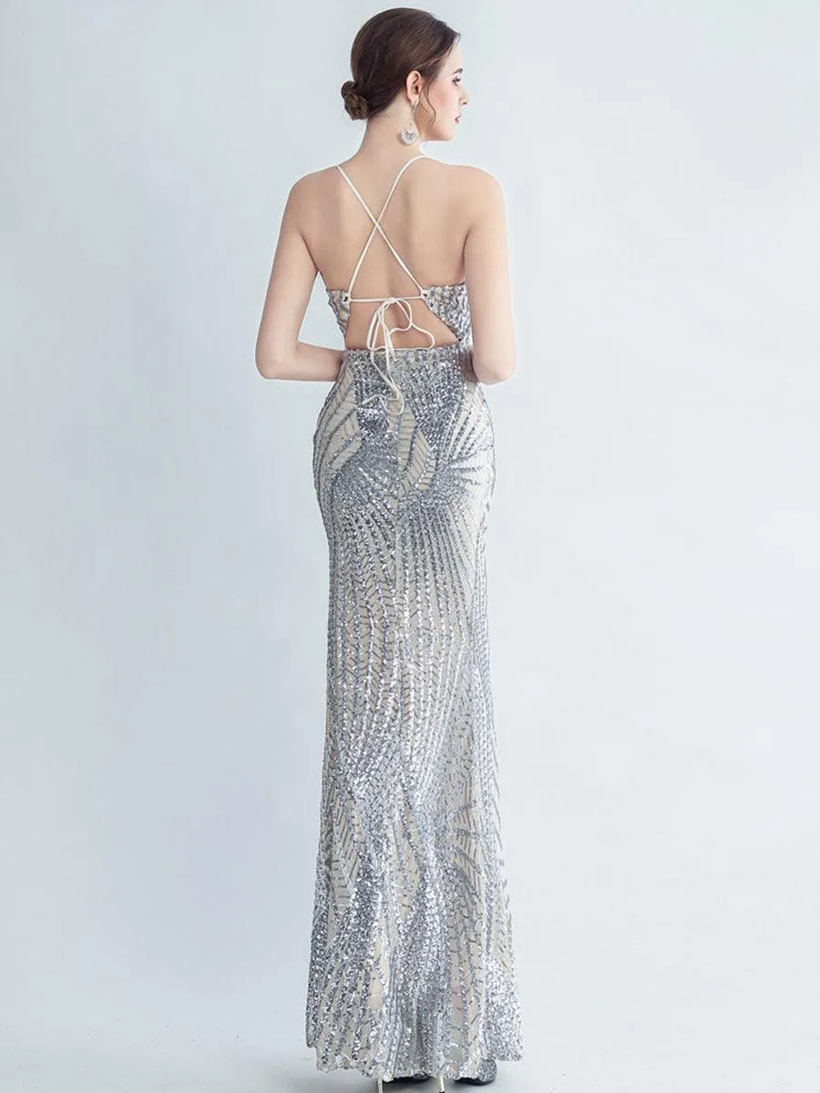 Spaghetti Cross Back Sequin Split Cocktail Dress MYC2007