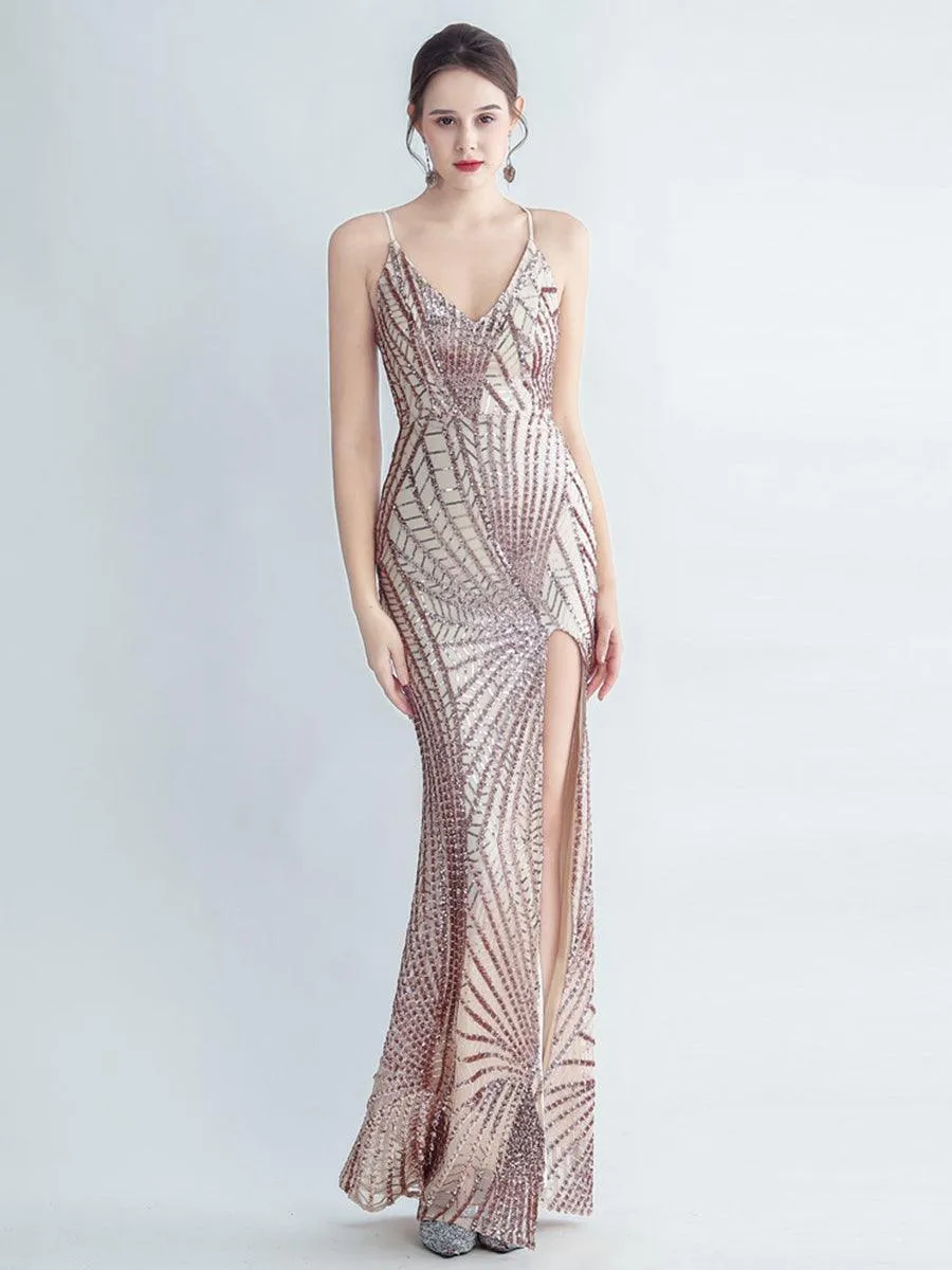 Spaghetti Cross Back Sequin Split Cocktail Dress MYC2007