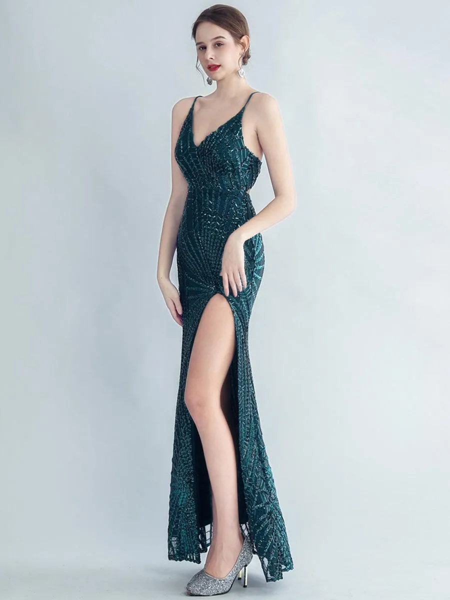 Spaghetti Cross Back Sequin Split Cocktail Dress MYC2007
