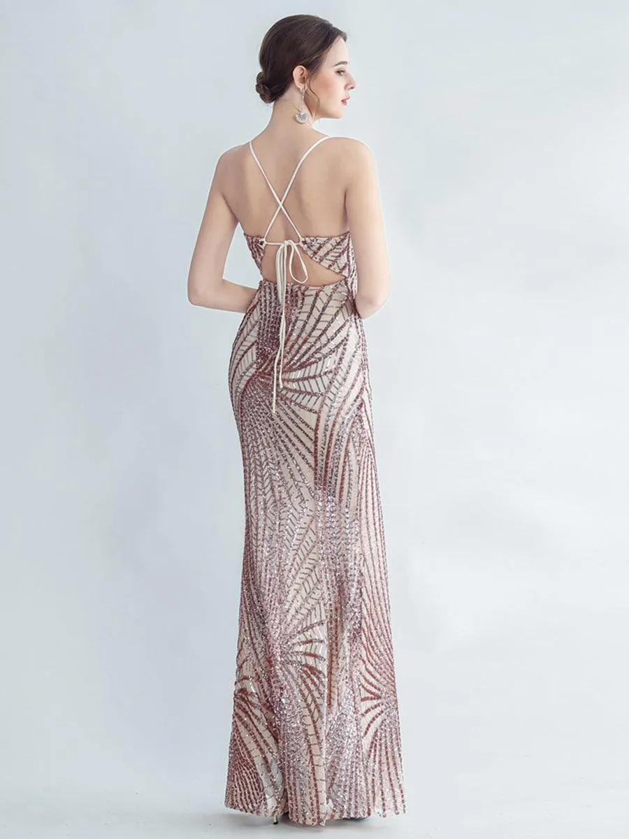 Spaghetti Cross Back Sequin Split Cocktail Dress MYC2007