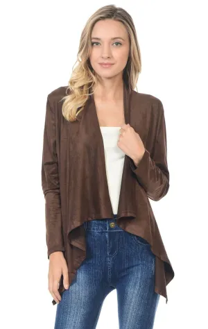 Suede Open Front Flyaway Jacket Cardigan Chocolate Brown