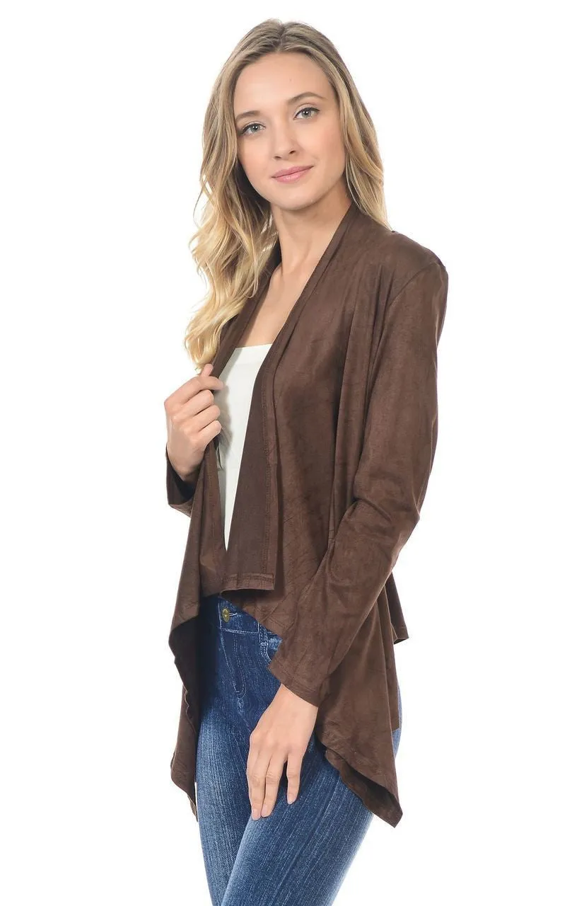 Suede Open Front Flyaway Jacket Cardigan Chocolate Brown