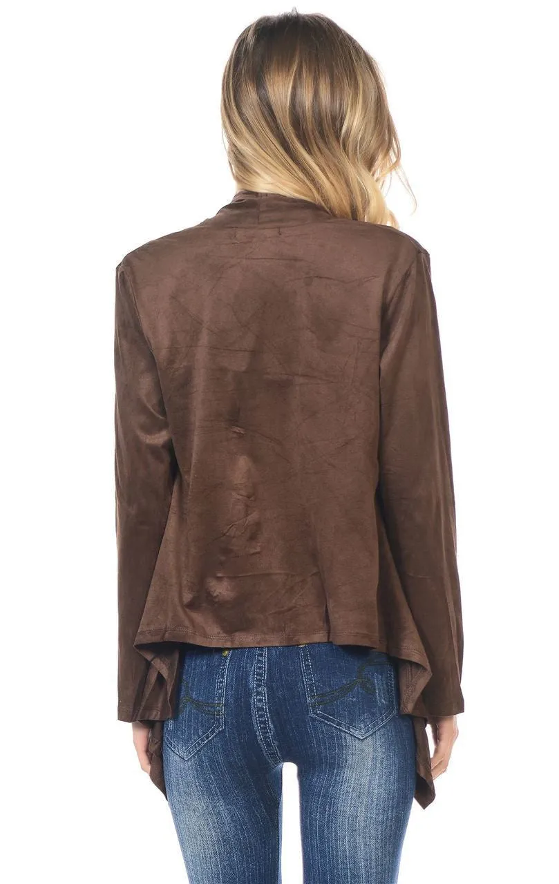Suede Open Front Flyaway Jacket Cardigan Chocolate Brown