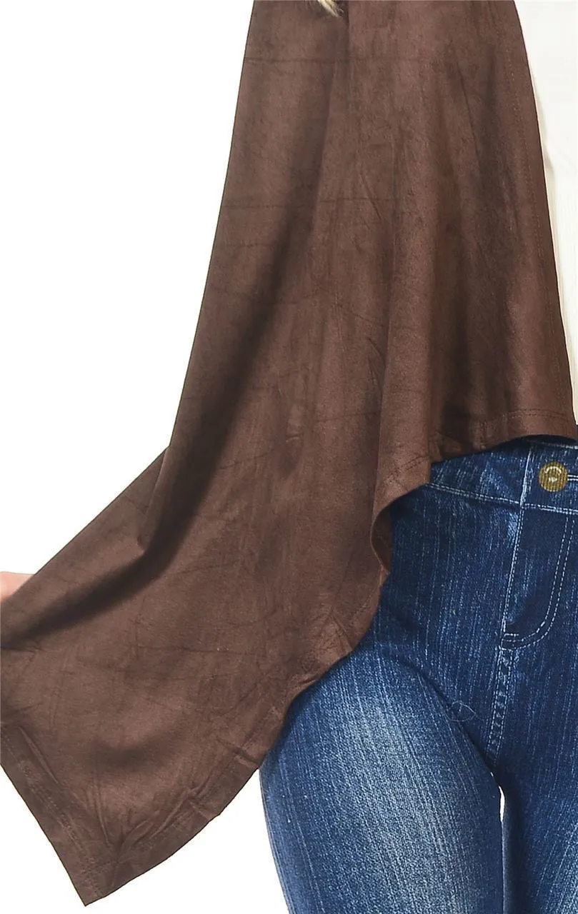 Suede Open Front Flyaway Jacket Cardigan Chocolate Brown