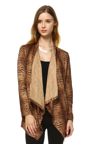 Suede Open Front Flyaway Jacket Cardigan Tiger Brown