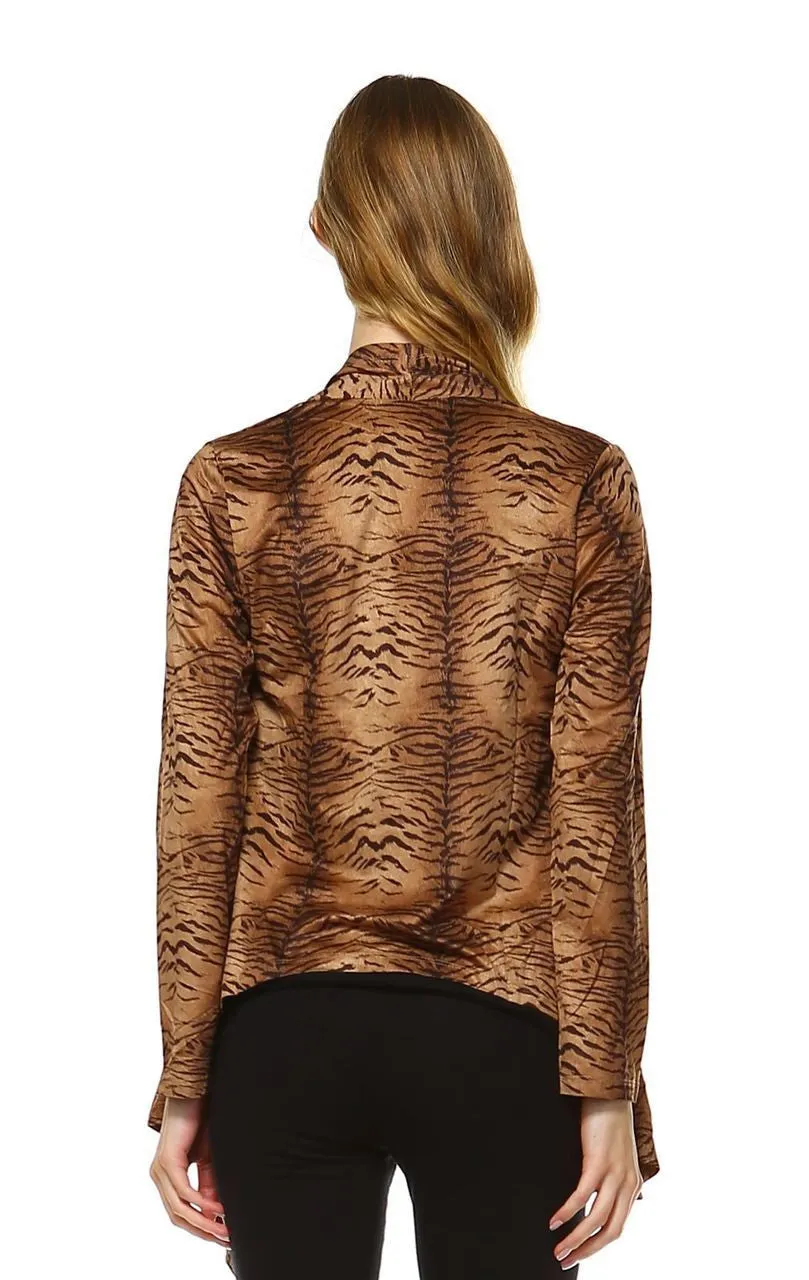 Suede Open Front Flyaway Jacket Cardigan Tiger Brown
