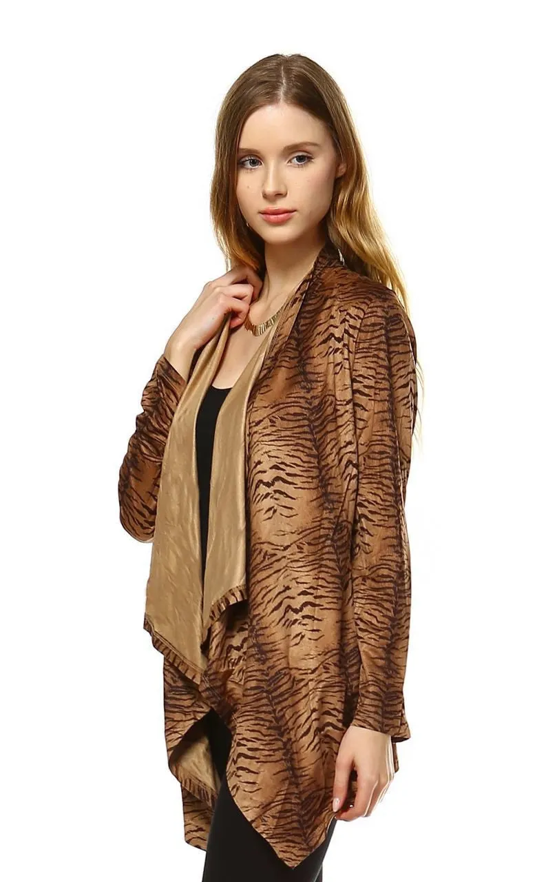 Suede Open Front Flyaway Jacket Cardigan Tiger Brown