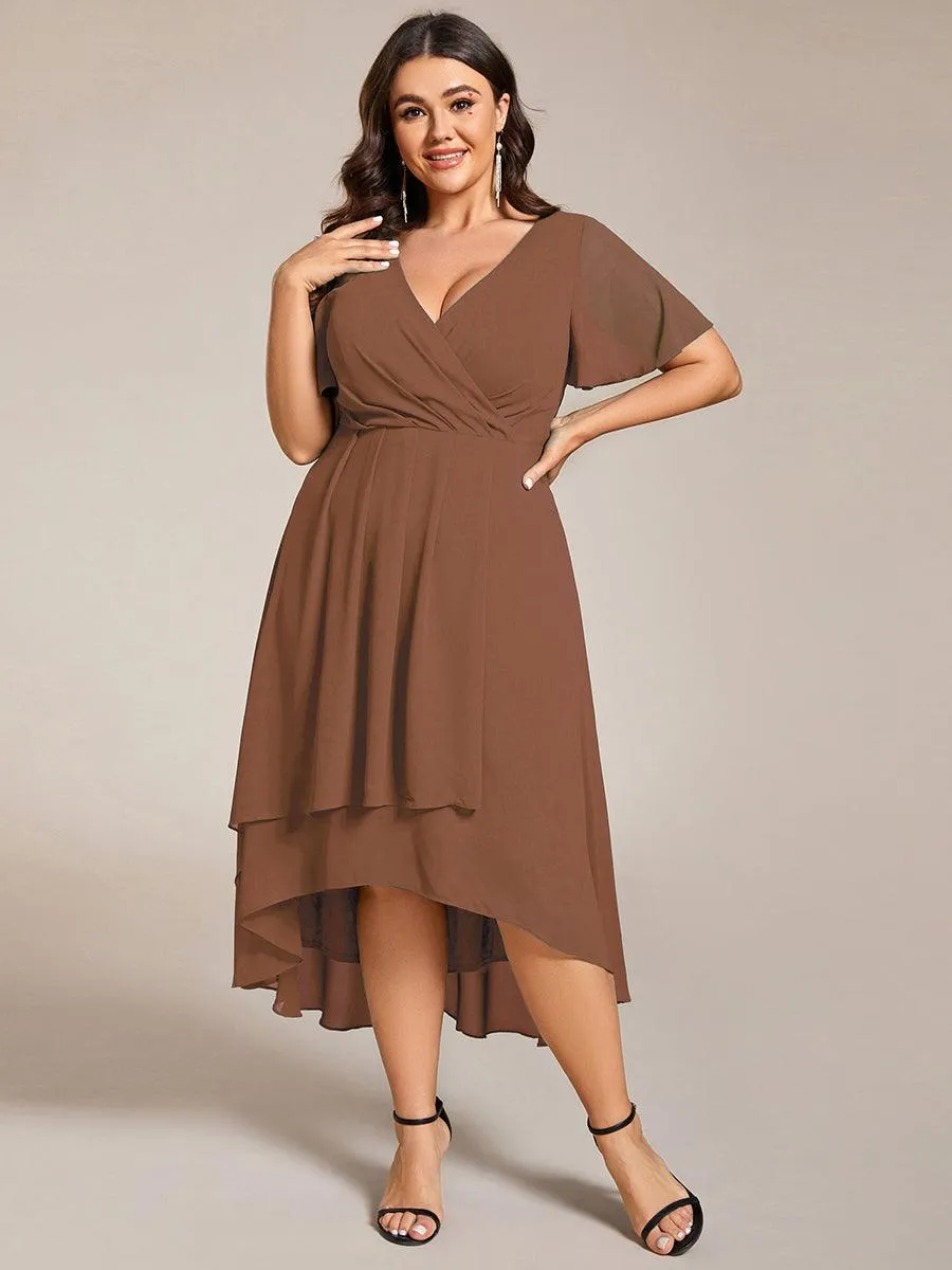Taille personnalisée Robe Dinvite De Mariage En Mousseline De Soie Mi-Longue Plissee a Manches a Volants Et Col En V