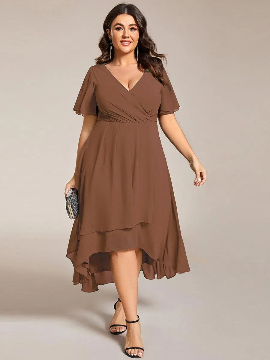 Taille personnalisée Robe Dinvite De Mariage En Mousseline De Soie Mi-Longue Plissee a Manches a Volants Et Col En V