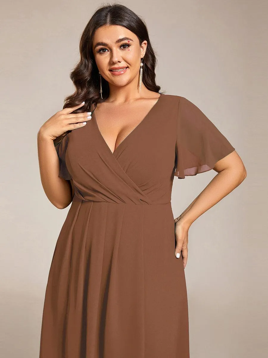 Taille personnalisée Robe Dinvite De Mariage En Mousseline De Soie Mi-Longue Plissee a Manches a Volants Et Col En V