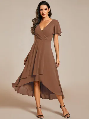 Taille personnalisée Robe Dinvite De Mariage En Mousseline De Soie Mi-Longue Plissee a Manches a Volants Et Col En V