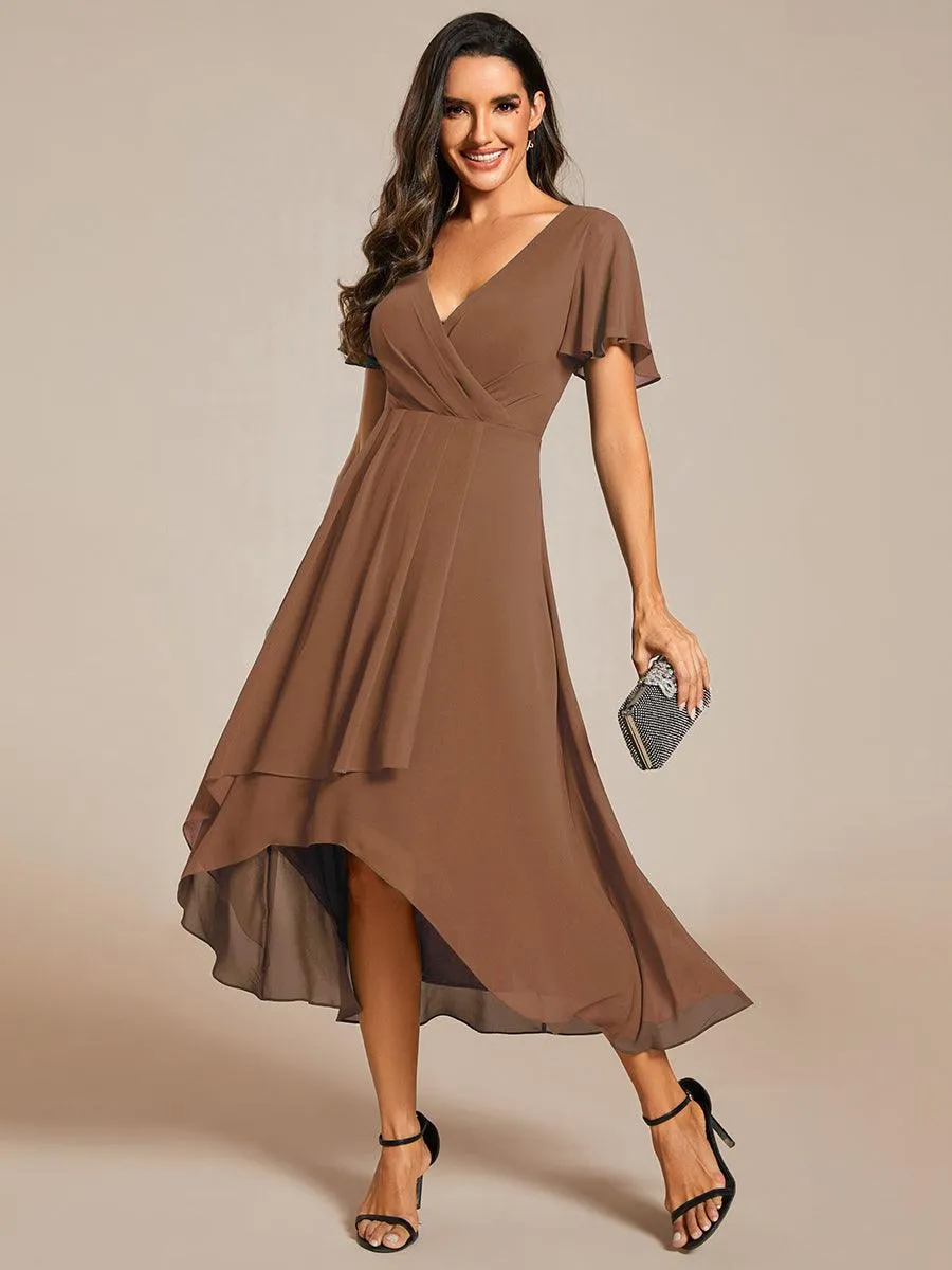 Taille personnalisée Robe Dinvite De Mariage En Mousseline De Soie Mi-Longue Plissee a Manches a Volants Et Col En V