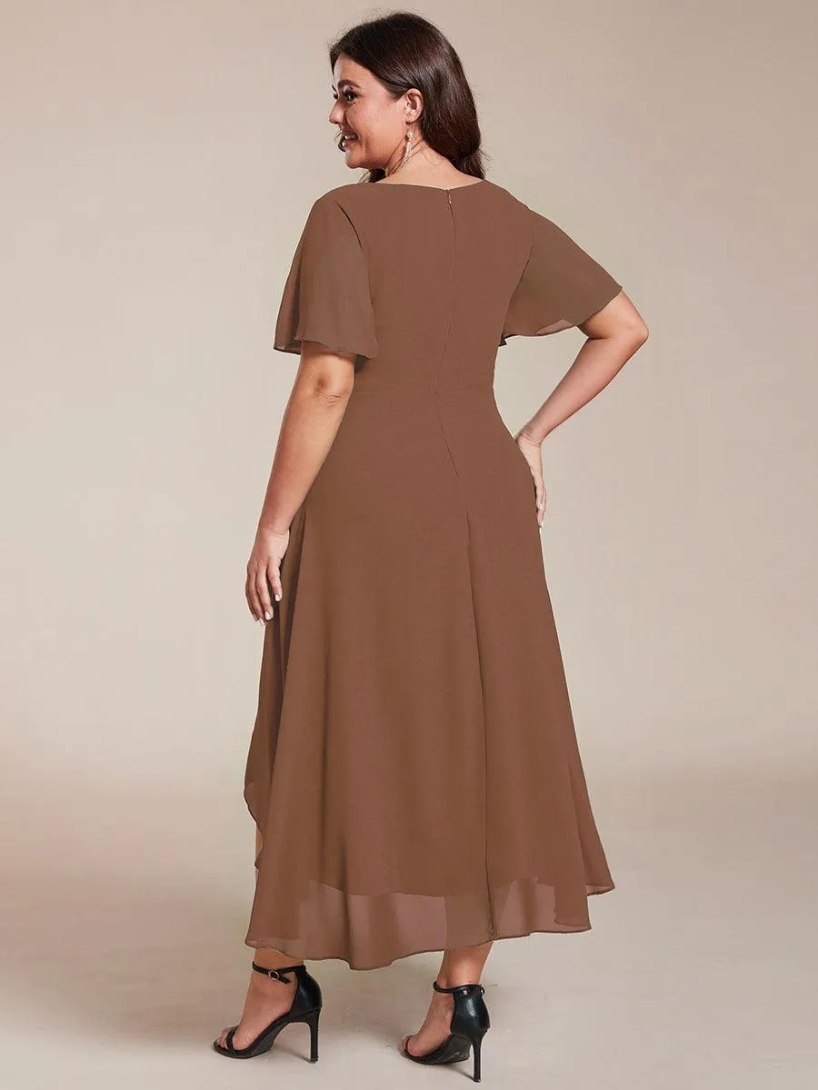 Taille personnalisée Robe Dinvite De Mariage En Mousseline De Soie Mi-Longue Plissee a Manches a Volants Et Col En V